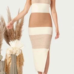Cheapest 🎁 Lucca 👩 women Brizo Knitted Halterneck Midi 👗 Dress in Ivory/Tan 🧨