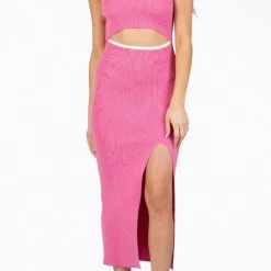 Best Sale 🥰 Lucca 👩 women Denise Ribbed-Knit Cutout Midi 👗 Dress In Bubblegum Pink 🛒