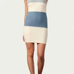 Best Sale 🔥 Lucca 👩 women 🍬 Candytuft Knitted Halterneck Mini 👗 Dress in Ivory/Blue 🛒