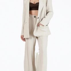 Cheap ✔️ Lucca 👩 women Oversized Single-Breasted Linen-Blend Blazer in Wheat 🧨