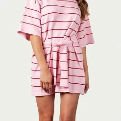 Wholesale ⭐ Lucca 👩 women Cybelle Belted Knit Mini 👗 Dress in Pink Stripe 🎉