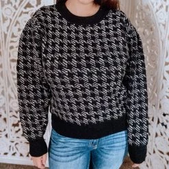 Promo 🔔 Lush 👩 women Houndstooth Check Sweater in Black 🥰