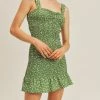 Best Sale 🧨 Lush 👩 women Floral Print Smocked Mini 👗 Dress in Green Floral 🔥