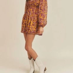 Hot Sale 🔔 Lush 👩 women Smocked Floral Print Mini 👗 Dress in Mustard Violet ⌛ -Donna Karan Sleepwear Shop d297c632dd24455db1e8a6a73d92a068 1080x