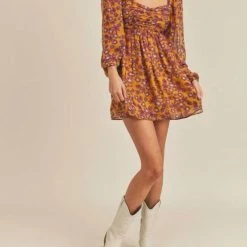 Hot Sale π Lush π© women Smocked Floral Print Mini π Dress in Mustard Violet β