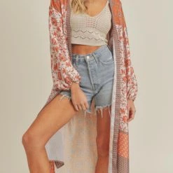 Best Sale 😉 Lush 👩 women Open Front Printed Kimono in Rust Paisley 👍
